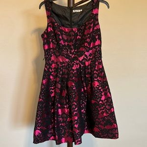 Shiny metallic pink with black paisley dress, cute flare skirt